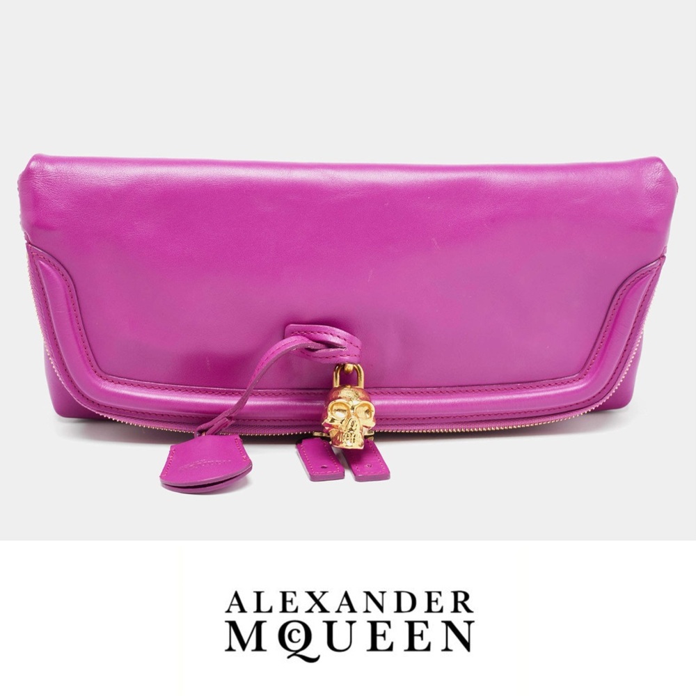 Alexander McQueen Skull Padlock Fold Over Clutch Fucshia